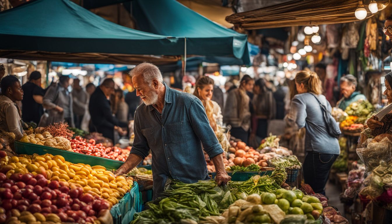 A diverse group of happy customers browsing a vibrant local market.