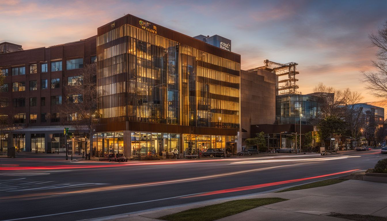 The photo is a cityscape image showcasing the exterior of multiple office buildings at dusk, with a bustling and diverse atmosphere.