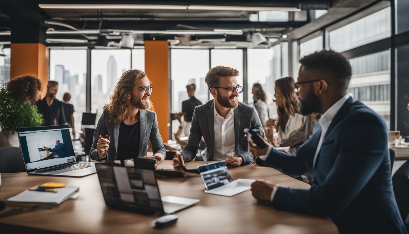 A diverse team of professionals discussing SEO strategy in a modern office setting.