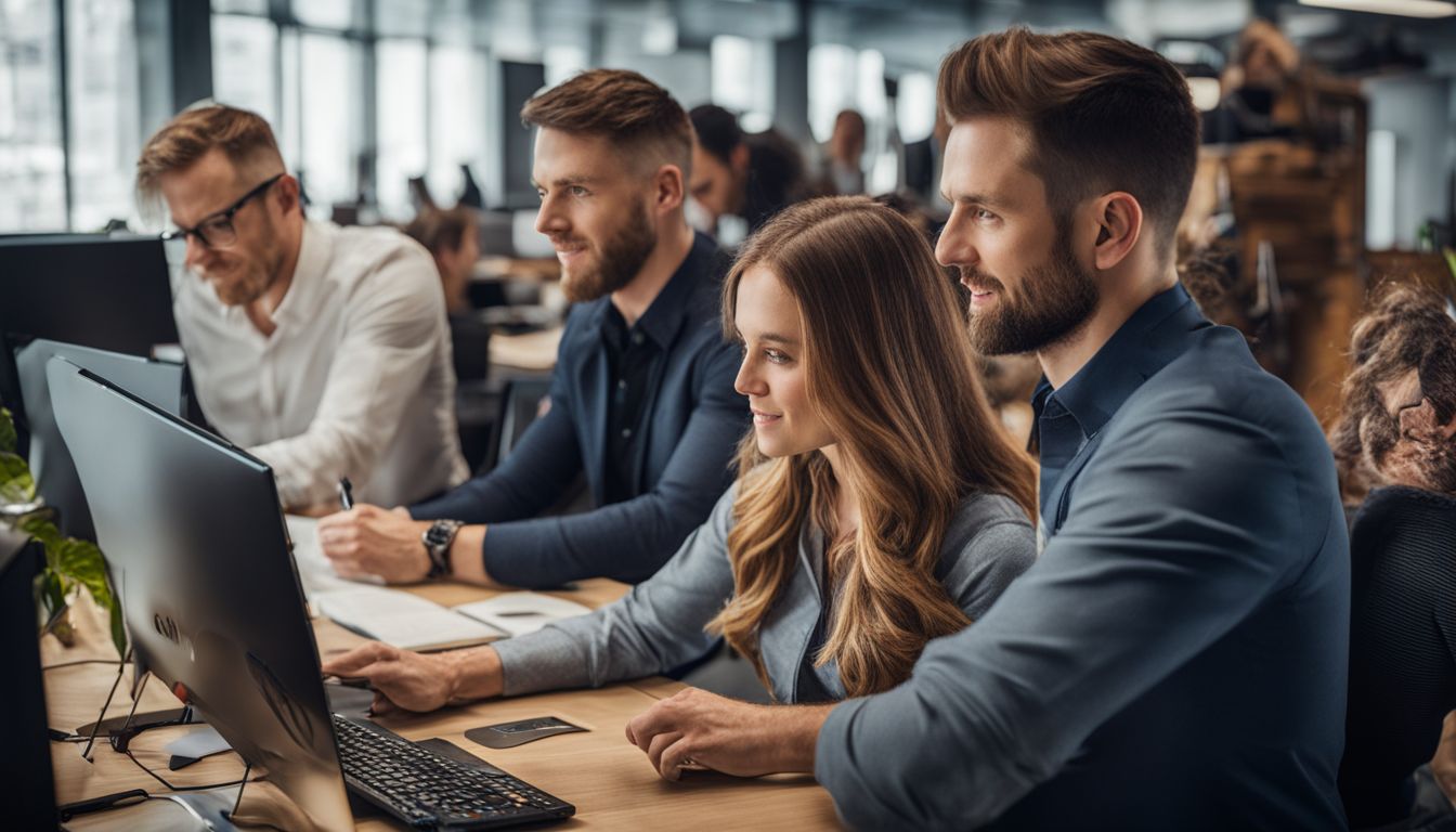 A team of SEO specialists collaborating in a modern office environment.