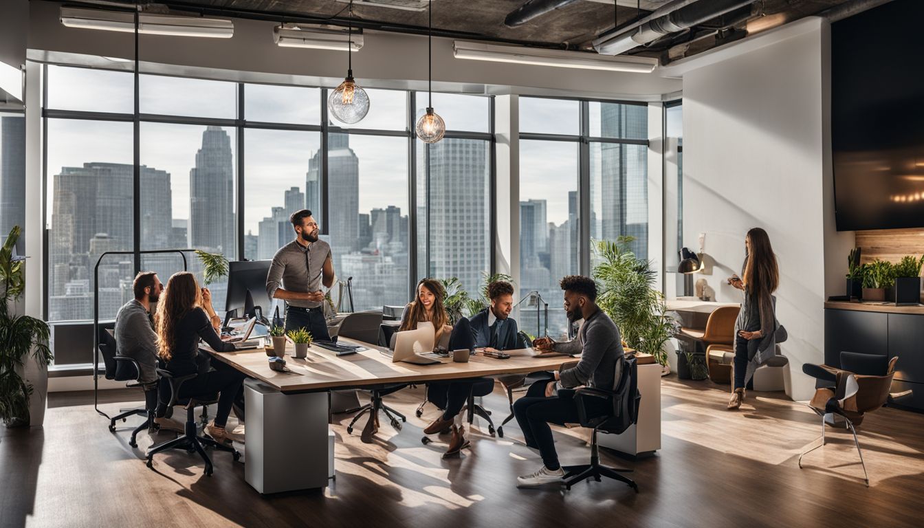 A diverse team of digital marketing professionals brainstorming in a modern office space.