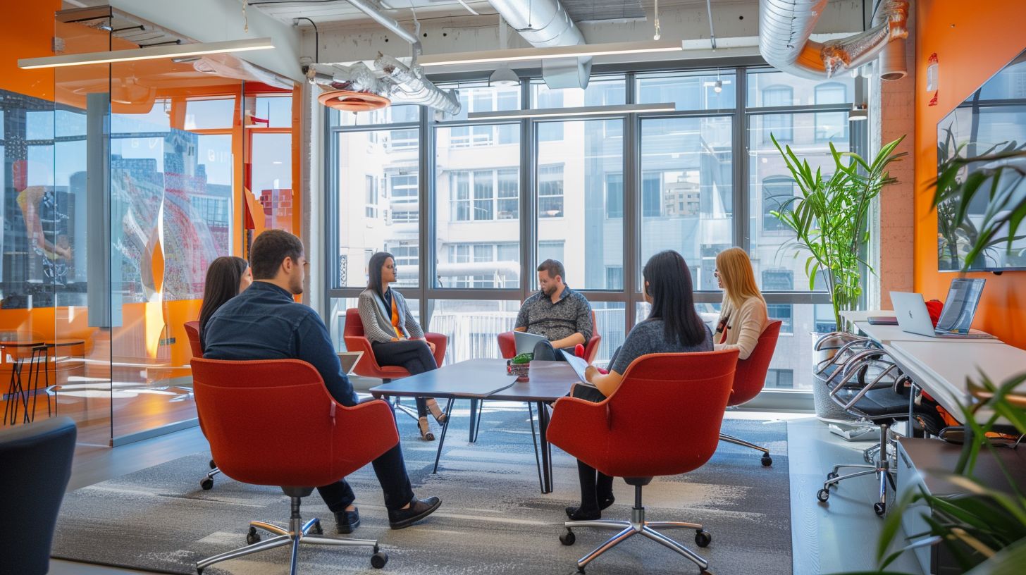 A marketing team brainstorming in a colorful office against a cityscape backdrop, captured with a wide-angle lens.