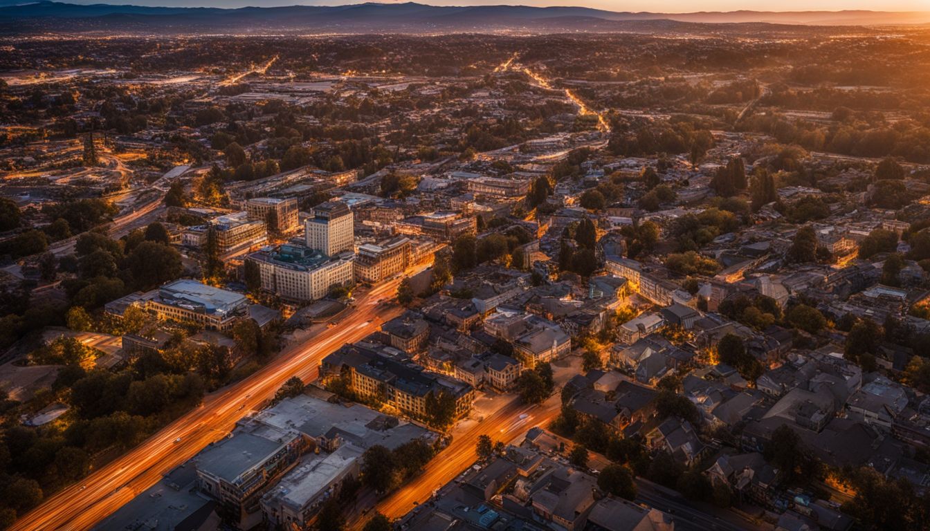 Aerial photo of Folsom's cityscape at sunset with diverse people and bustling atmosphere.