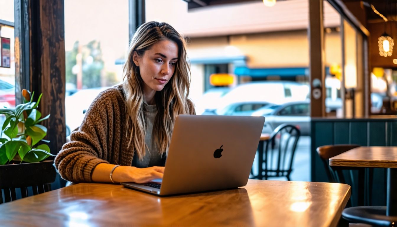 A woman in her 30s working on website optimization at a coffee shop.