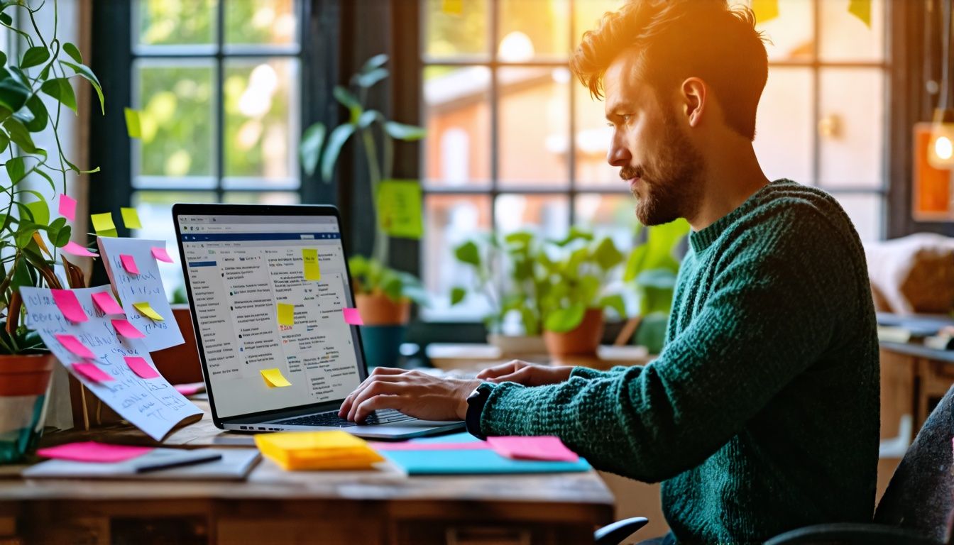 A person works on SEO strategy in a cozy home office.