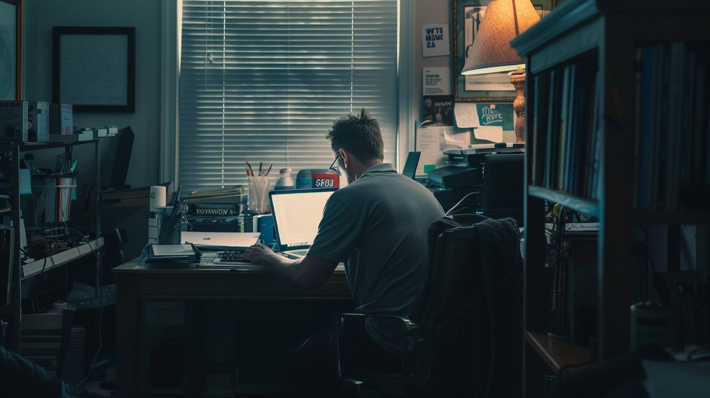 A business owner in Folsom, CA studies SEO strategies on a laptop.