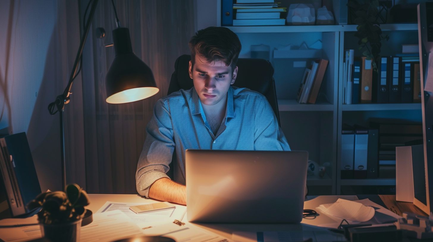 A business owner in Folsom, CA studies SEO strategies on a laptop.