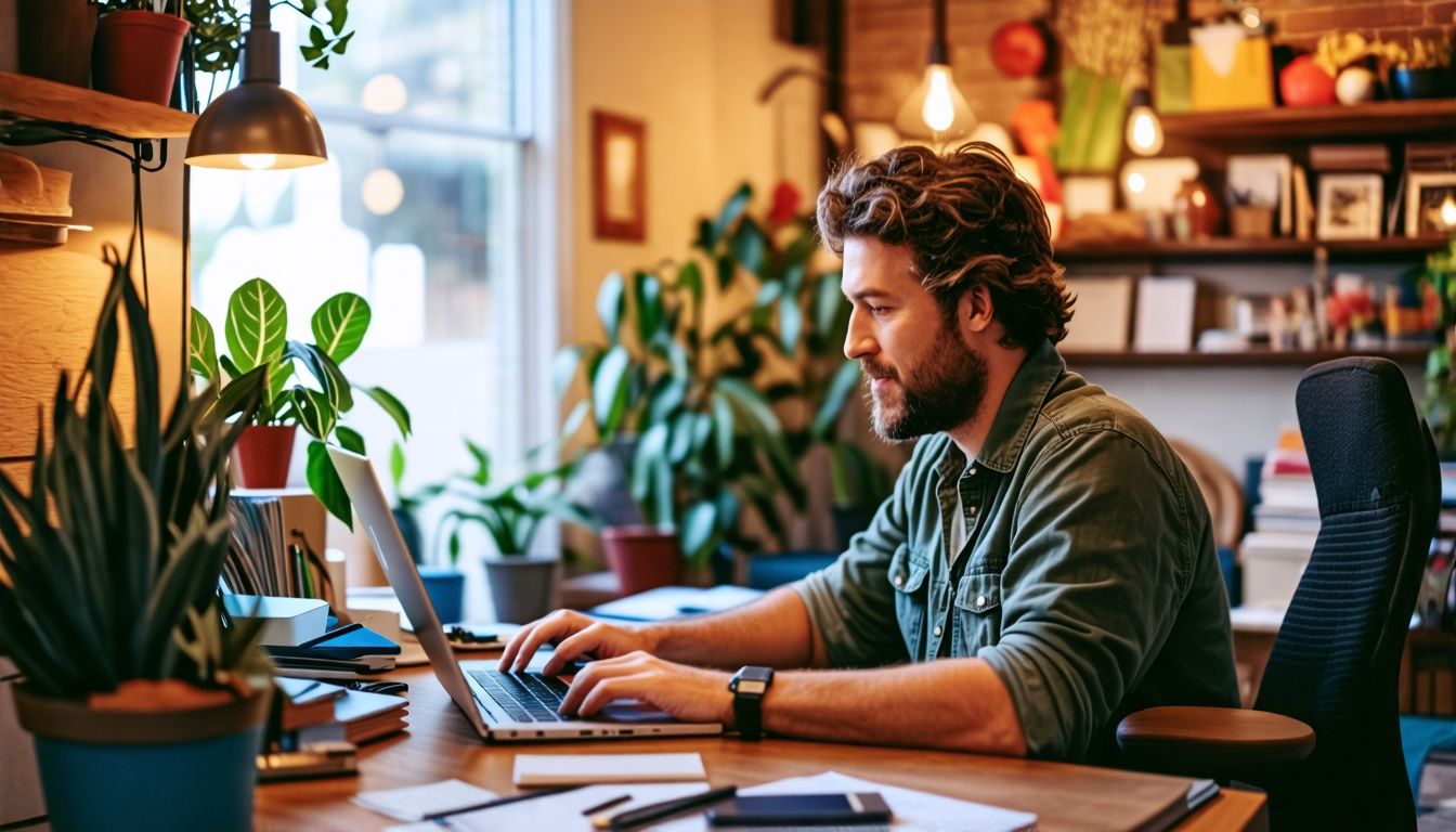 A local business owner in Folsom, CA, working in a cluttered office.