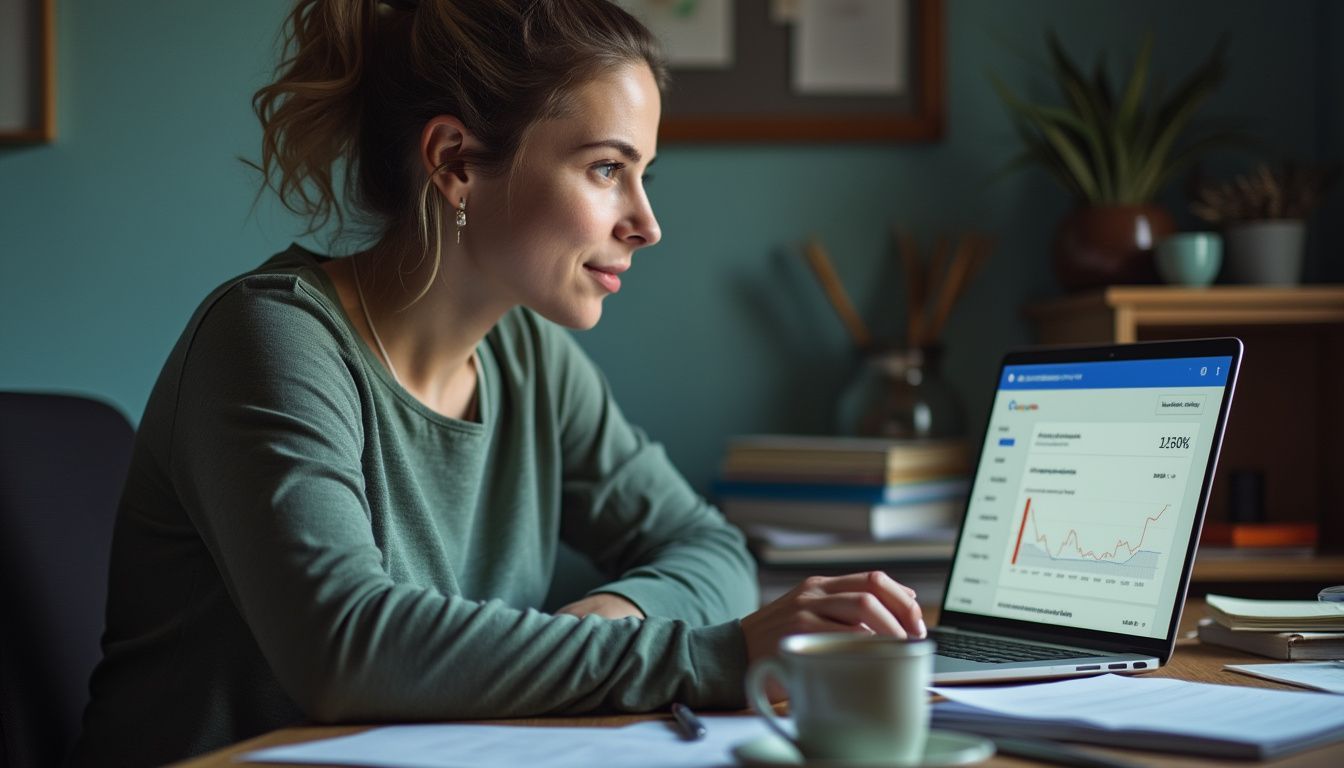 A woman sitting at a cluttered desk, managing Google Ads campaigns.