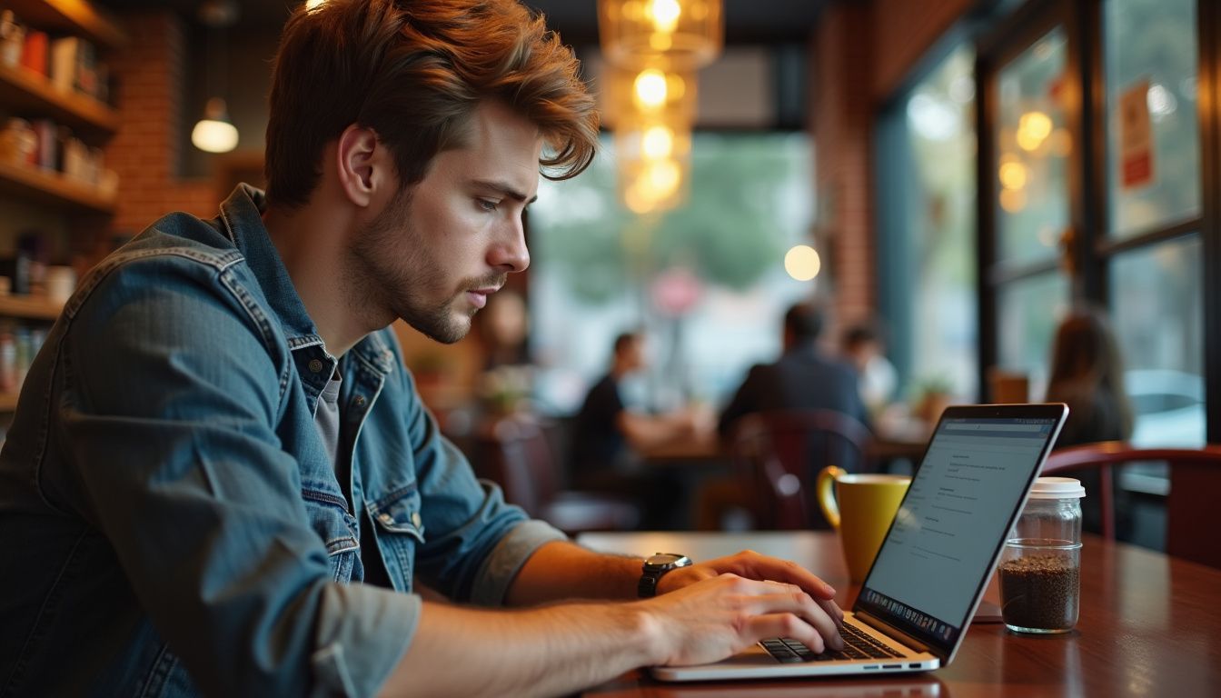 A business owner checks Google ranking in a cozy coffee shop.