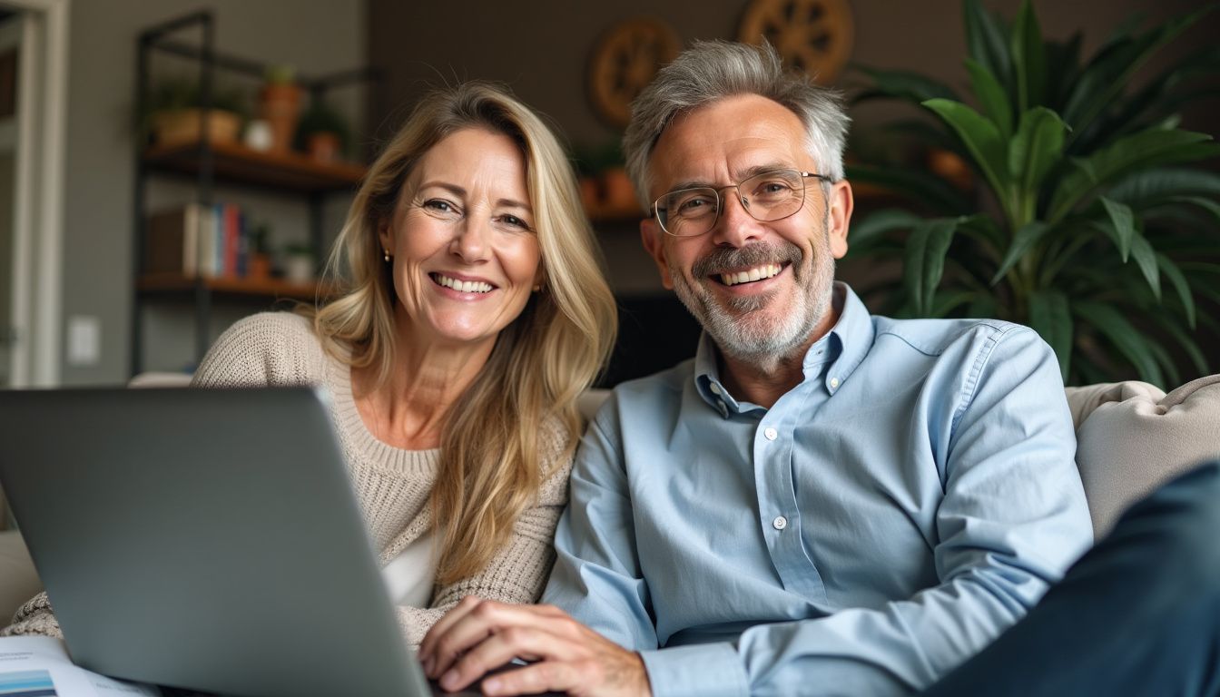 A middle-aged couple celebrates their success with Google Ads in their home.