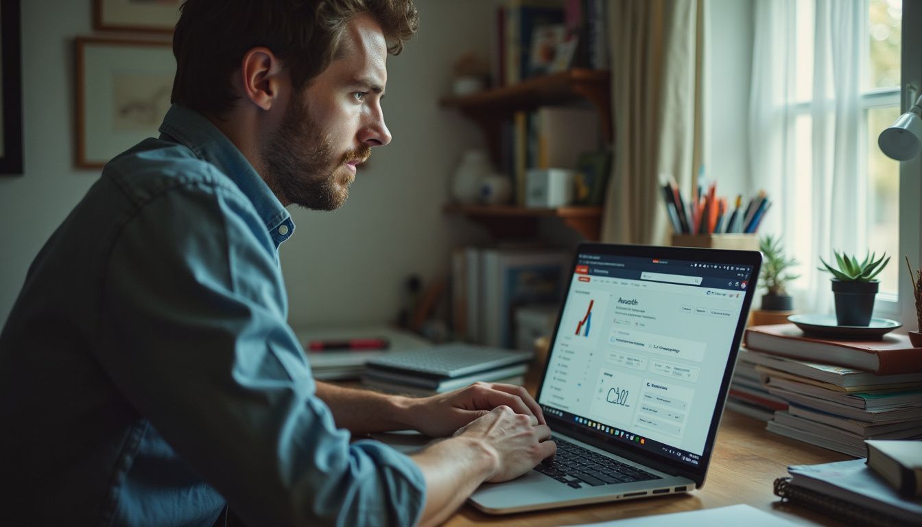 A man in his 30s adjusting Google Ads settings at a desk.