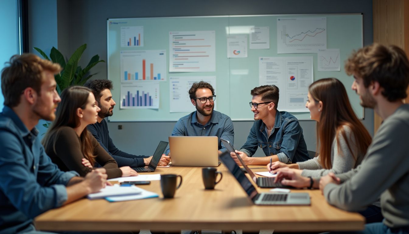 Young professionals discussing Google Ads strategy in modern office conference room answering the question Do You Make Money From Running Google Ads