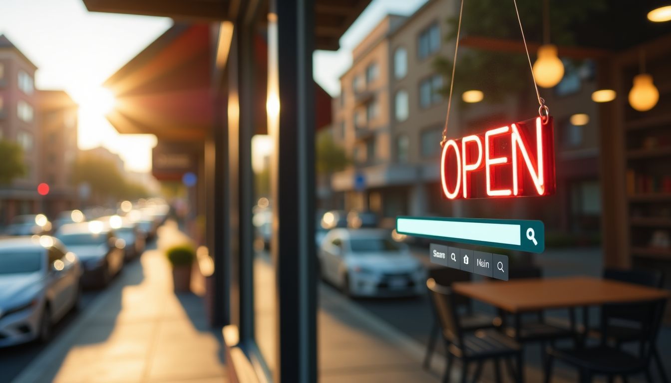 A storefront in Folsom, California with an 'Open' sign and high search ranking.