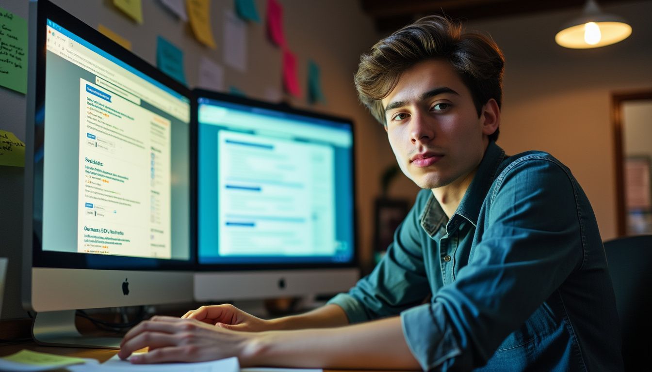 A young professional focused on off-page SEO strategies at cluttered desk.