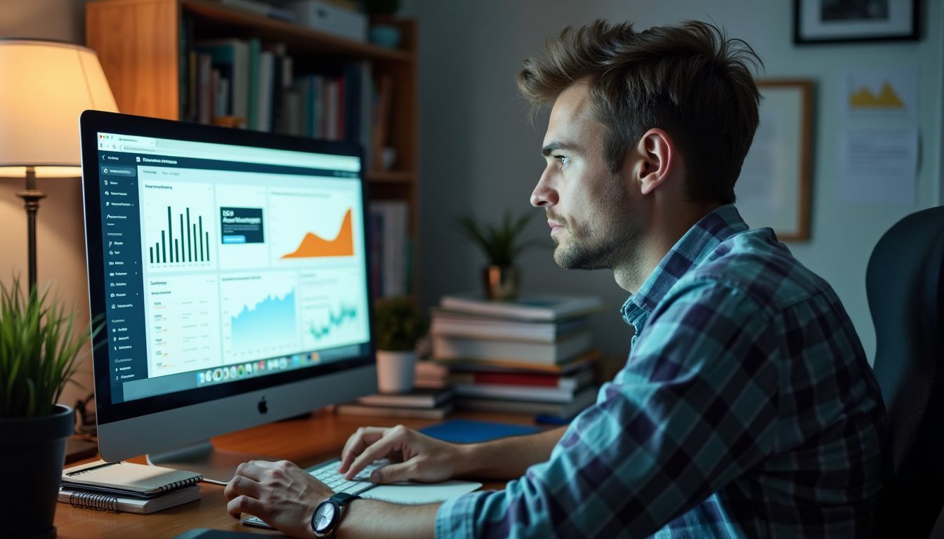 A man in his 30s working at a cluttered desk on SEO analytics.