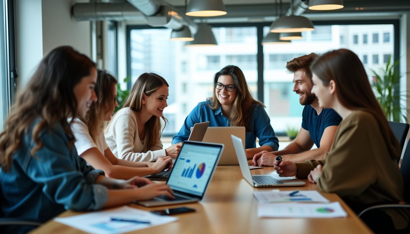 A group of young professionals collaborate on SEO projects in an office.