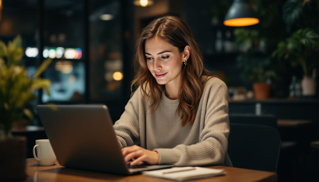 A woman in her 30s works on her laptop optimizing Orangevale local SEO in a café.