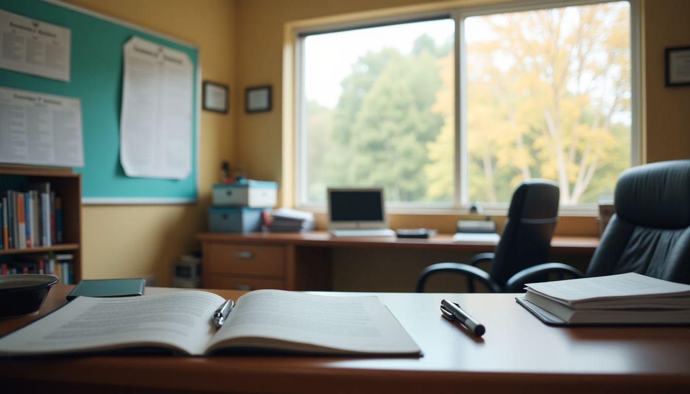 An empty chamber of commerce office with business resources and a community job board.
