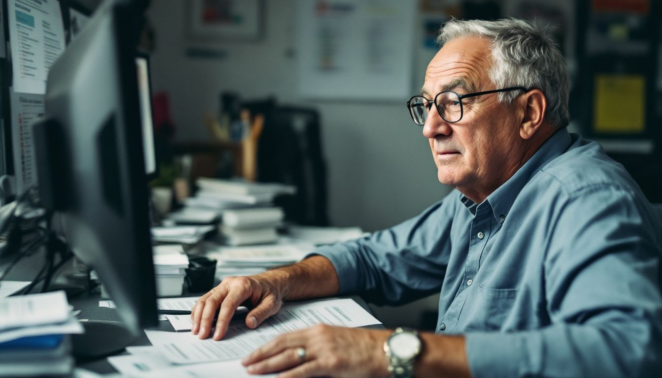 An older male business owner updates his business listing optimization in Folsom CA on a cluttered computer desk.