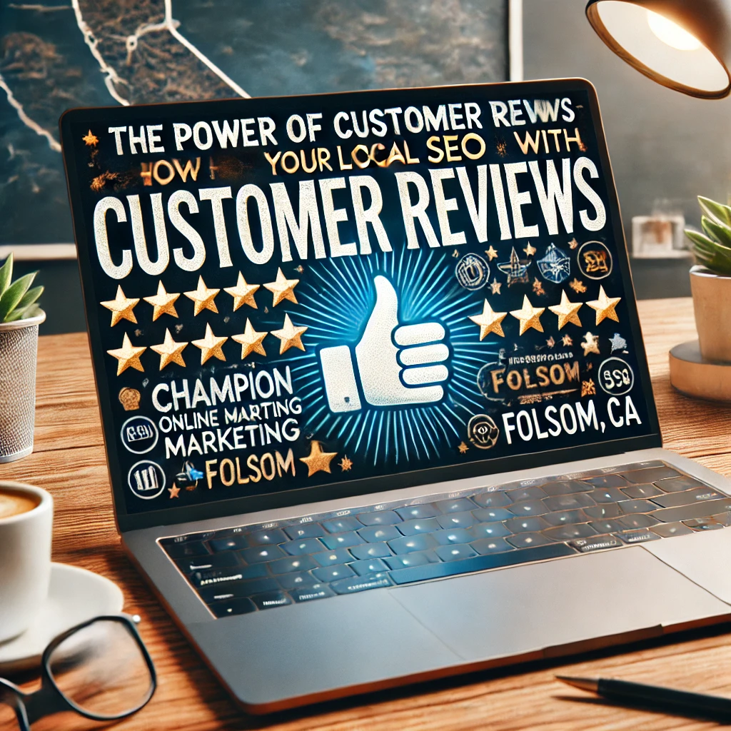 Boost Your Local SEO with Customer Reviews in Folsom, CA – Champion Online Marketing laptop screen with customer review icons and California map, emphasizing local business SEO impact.