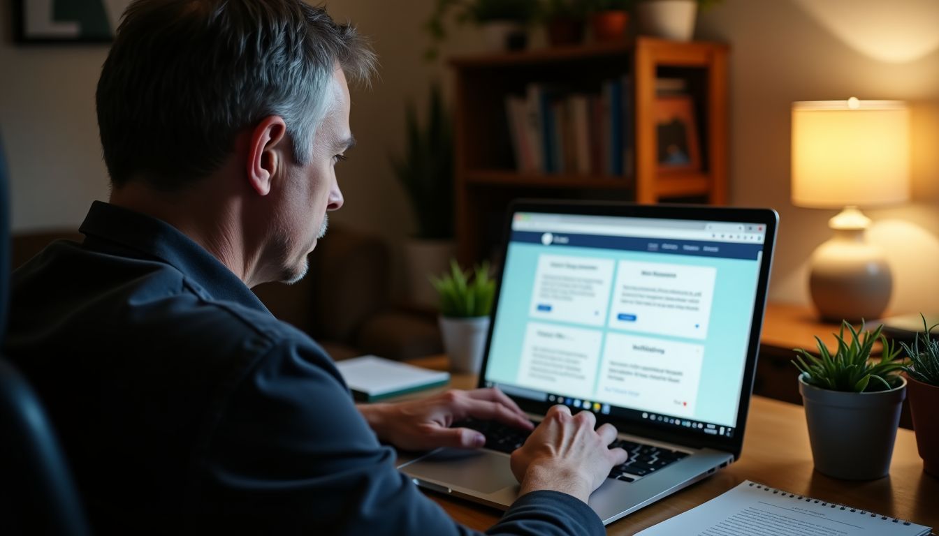 A small business owner working in a cozy home office surrounded by personal items and focusing on their laptop. Going over online presence tips Folsom