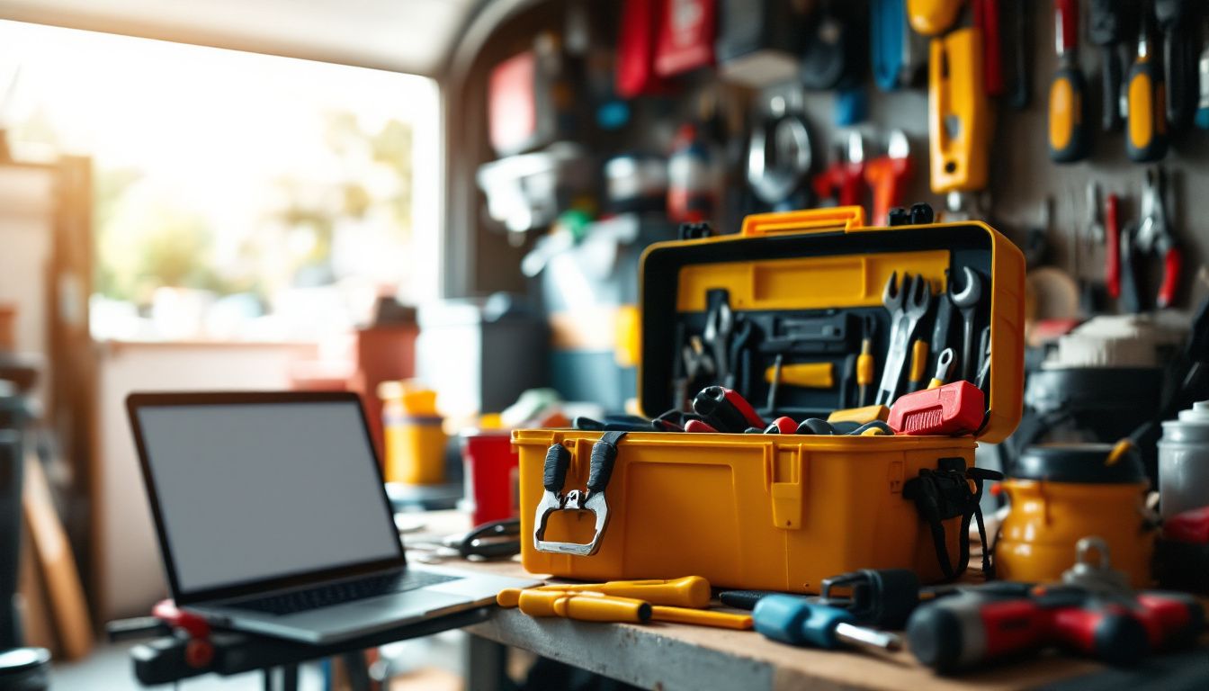 computer in an electricians workshop open to his seo work