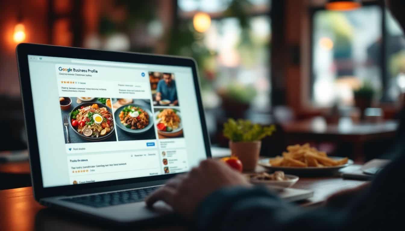 restaurant owner in Orangevale, CA at a computer working on his Google Business Profile optimization