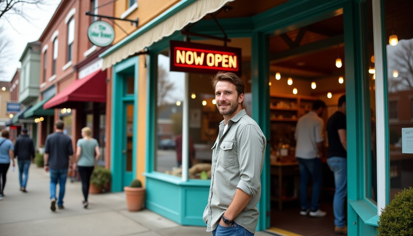 A rustic storefront in downtown Folsom with a large 'Now Open' sign and a lively atmosphere. A rustic storefront in downtown Folsom with a large 'Now Open' sign and a lively atmosphere.