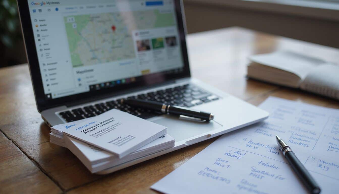 A business owner's organized workspace with a laptop, business cards, and calendar for managing customer reviews.