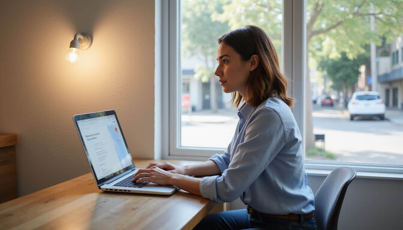 A woman in her 30s updates her Google Business Profile in a neat, sunlit home office.