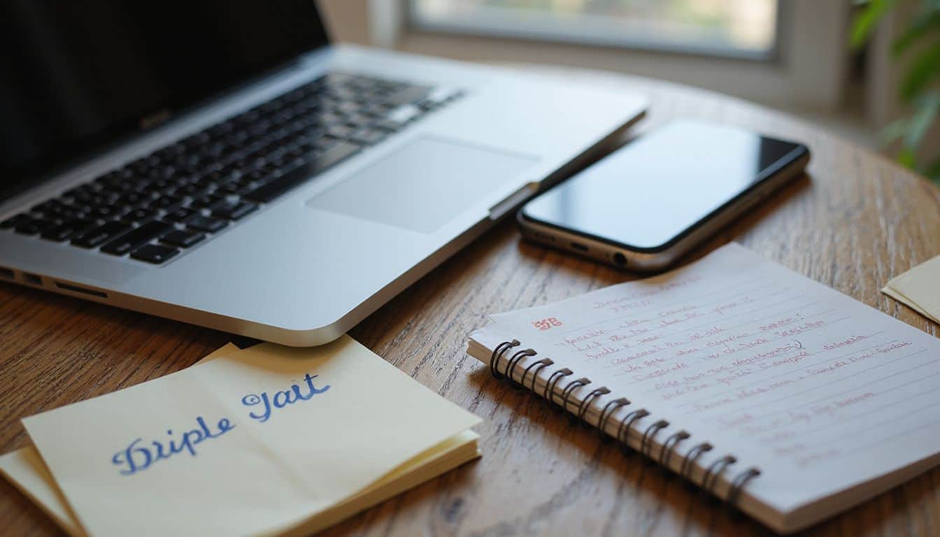 A cluttered desk with a laptop, business cards, notepad, and smartphone, all focused on setting up a Google Business Profile.