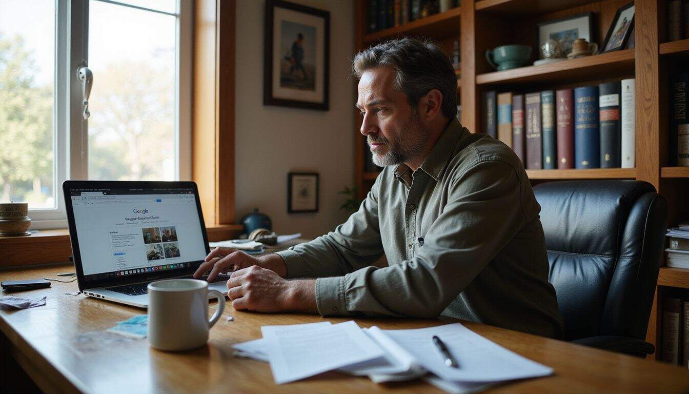Middle aged business man working Folsom SEO on his computer at his desk
