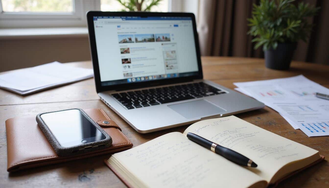 A productive home office desk with a silver laptop, notepads, smartphone, and SEO analysis data.