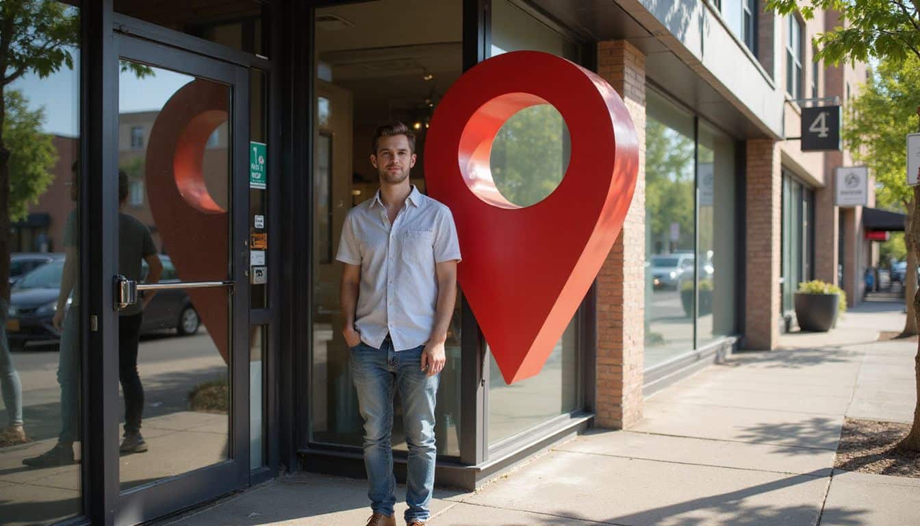 A person stands next to a small local business with a prominent Google Maps pin sign.