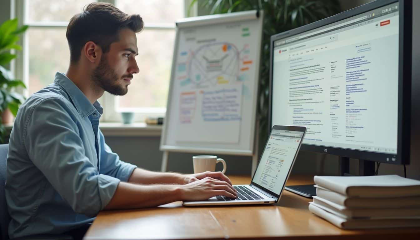 A person is working on SEO strategy in a cluttered office with books, a laptop, and a whiteboard.