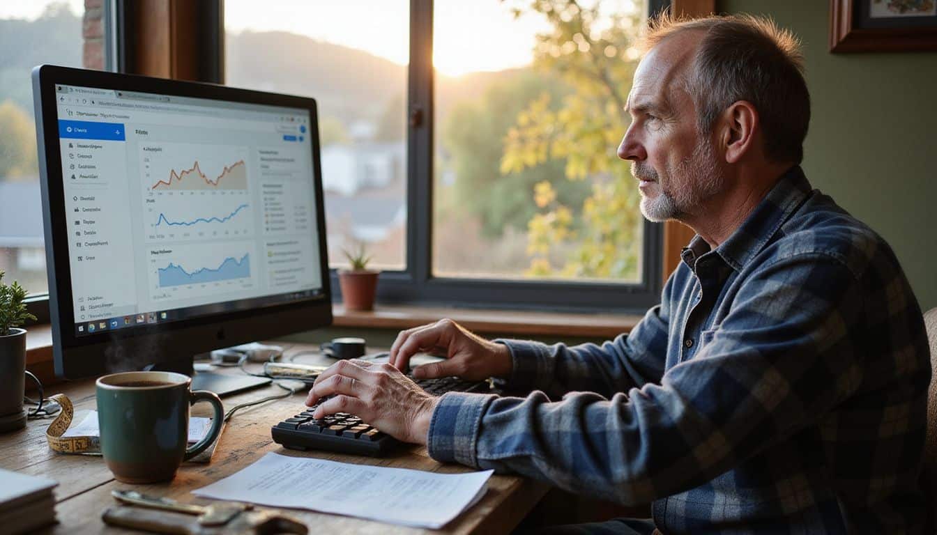 A middle-aged plumber works diligently at his cluttered desk, analyzing Google Analytics and Search Console data.