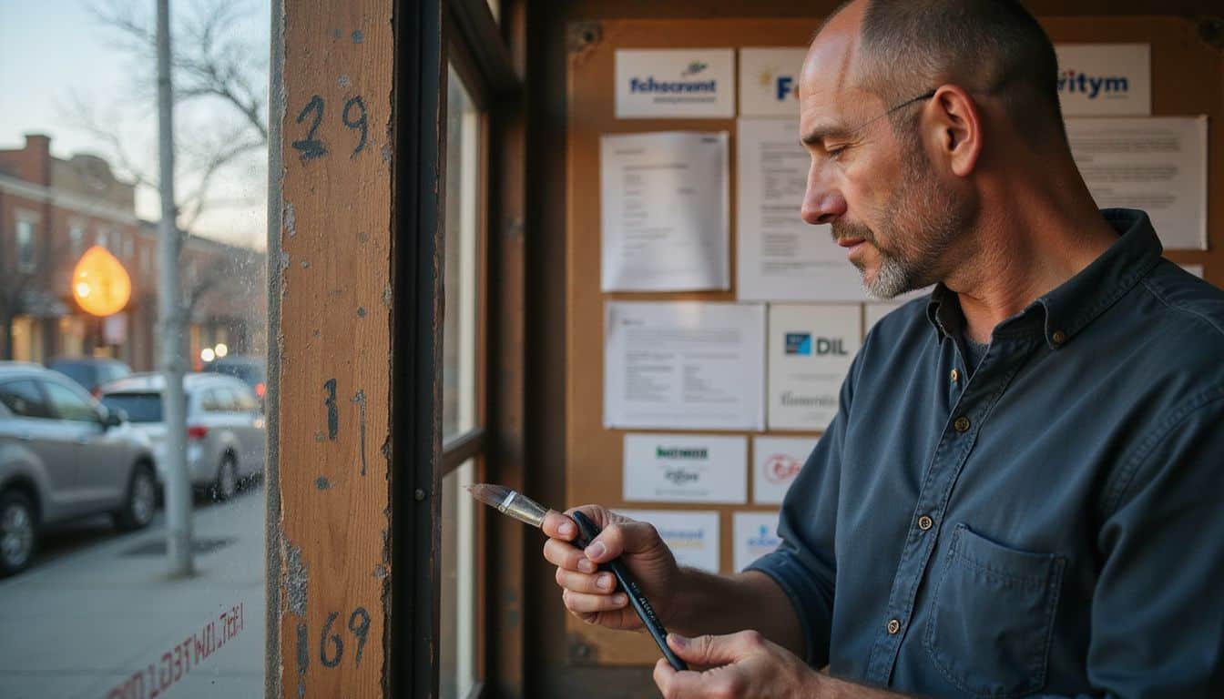 A middle-aged business owner meticulously repaints a wooden storefront sign in soft, late-afternoon light.