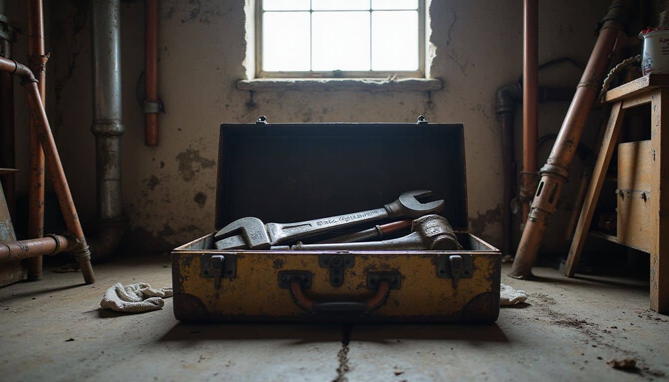 A cluttered workshop with a weathered toolbox, metal pipes, and worn tools evokes the practicality of plumbing work.