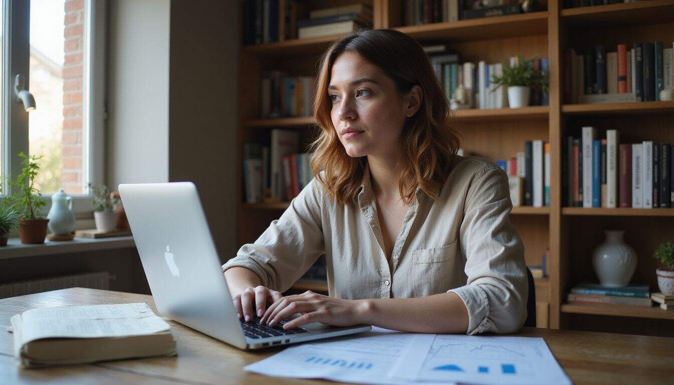 A focused woman working at a desk surrounded by SEO books and Google Ads reports.