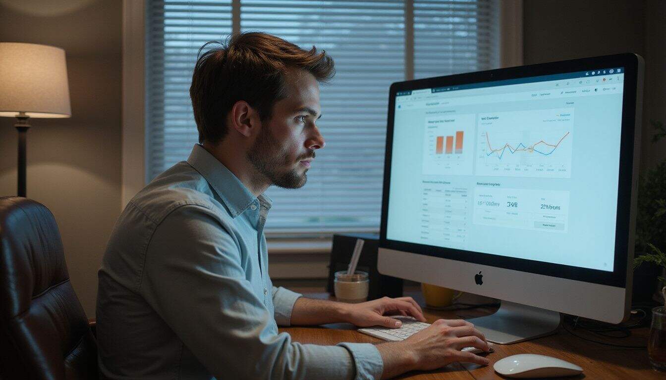 A man in a button-down shirt sits at a desk, analyzing detailed metrics on a computer monitor in a calm, focused office.