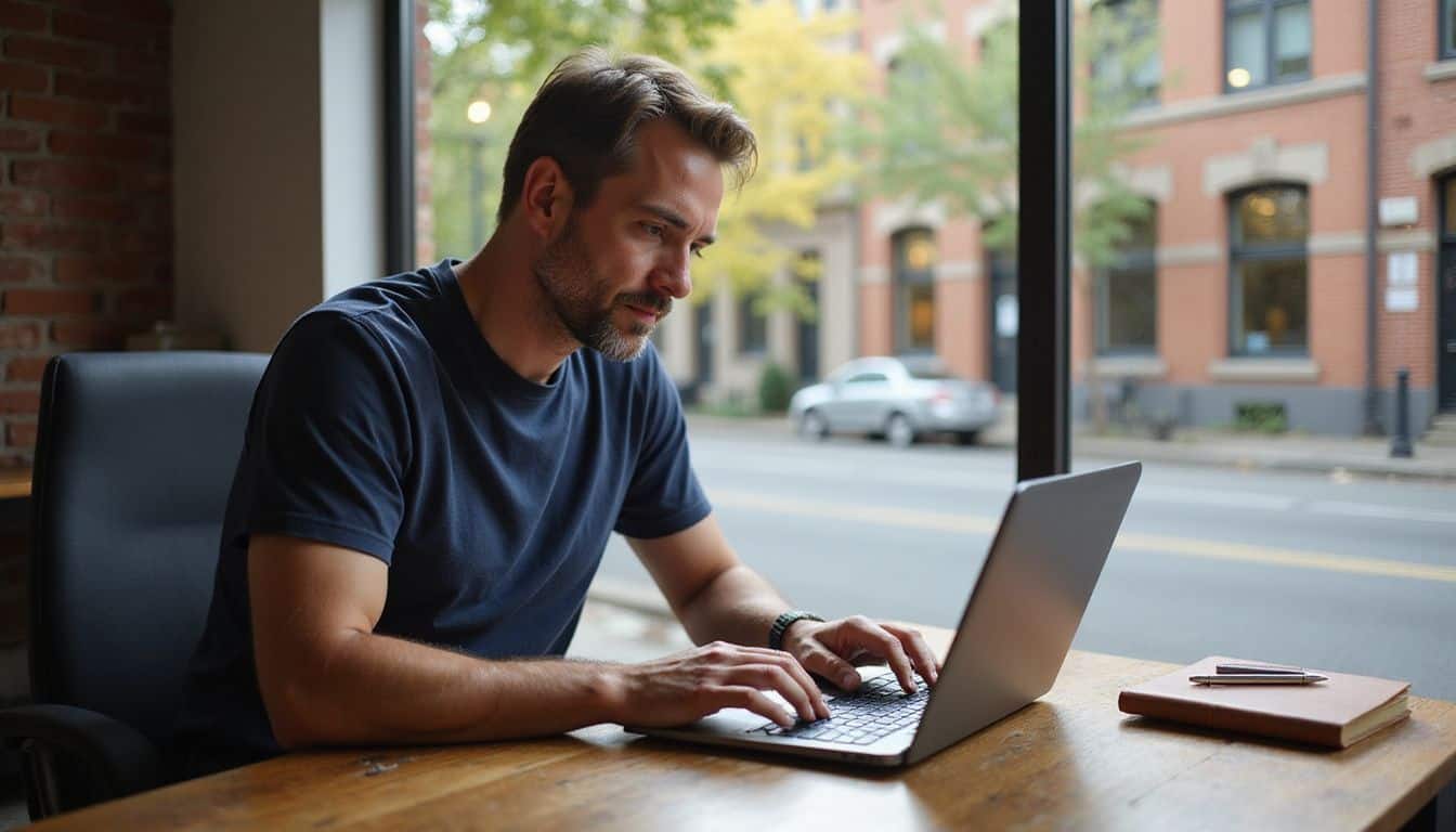 A middle-aged man updates his Google Business Profile on a laptop in a well-lit office.