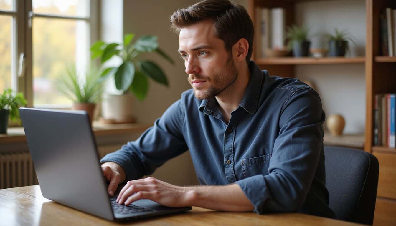 A man in a navy shirt updates a Google Business Profile in his home office.