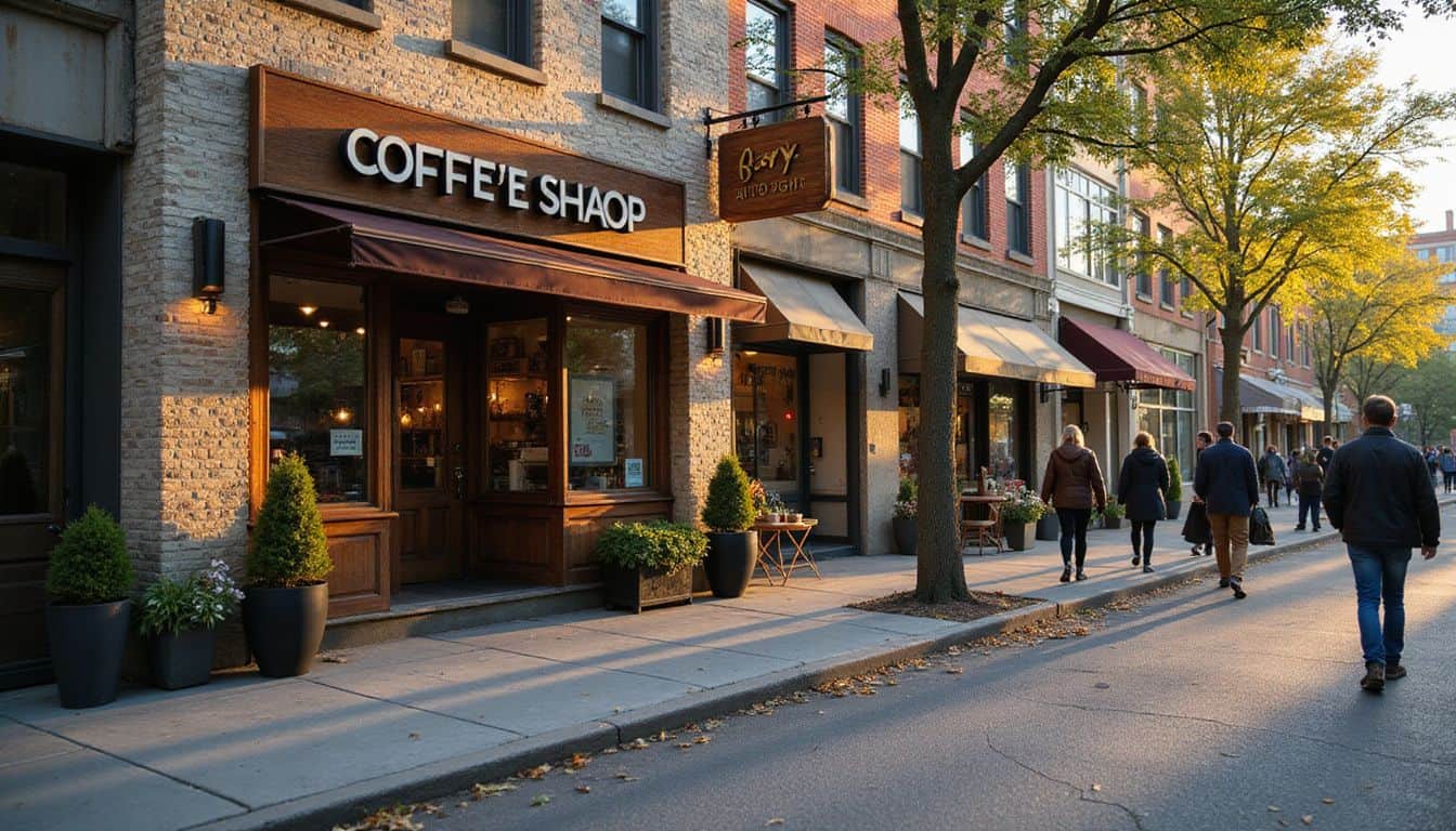 A lively coffee shop on a bustling city street with vibrant storefronts and pedestrians.