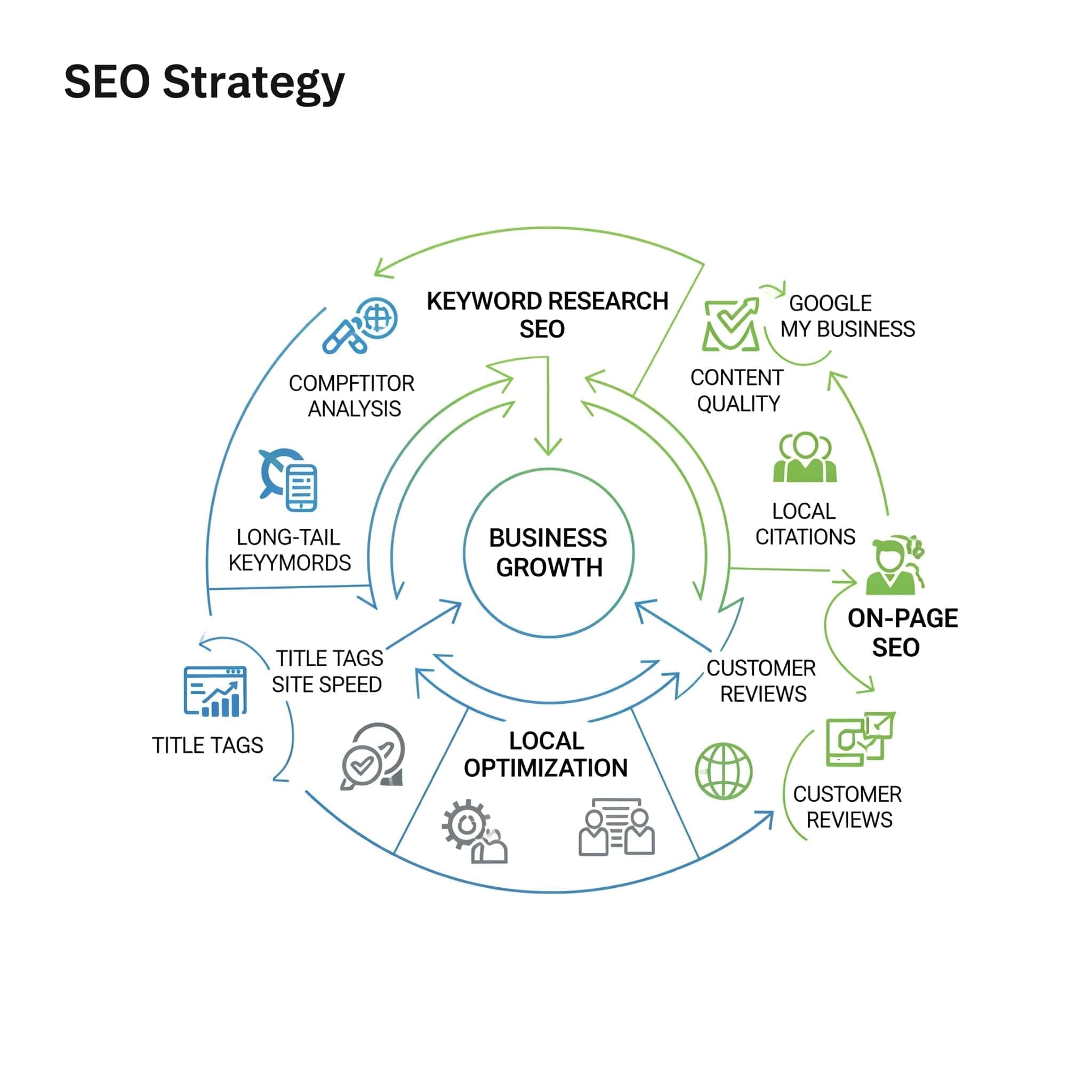 Circular diagram showing interconnected SEO strategy elements including keyword research, on-page SEO, and local optimization