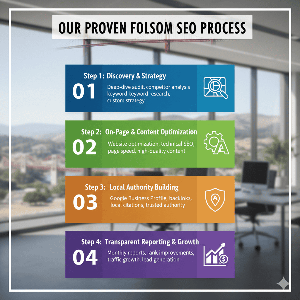 A flowchart illustrating the 4-step SEO process for Folsom businesses, from strategy and optimization to authority building and growth.