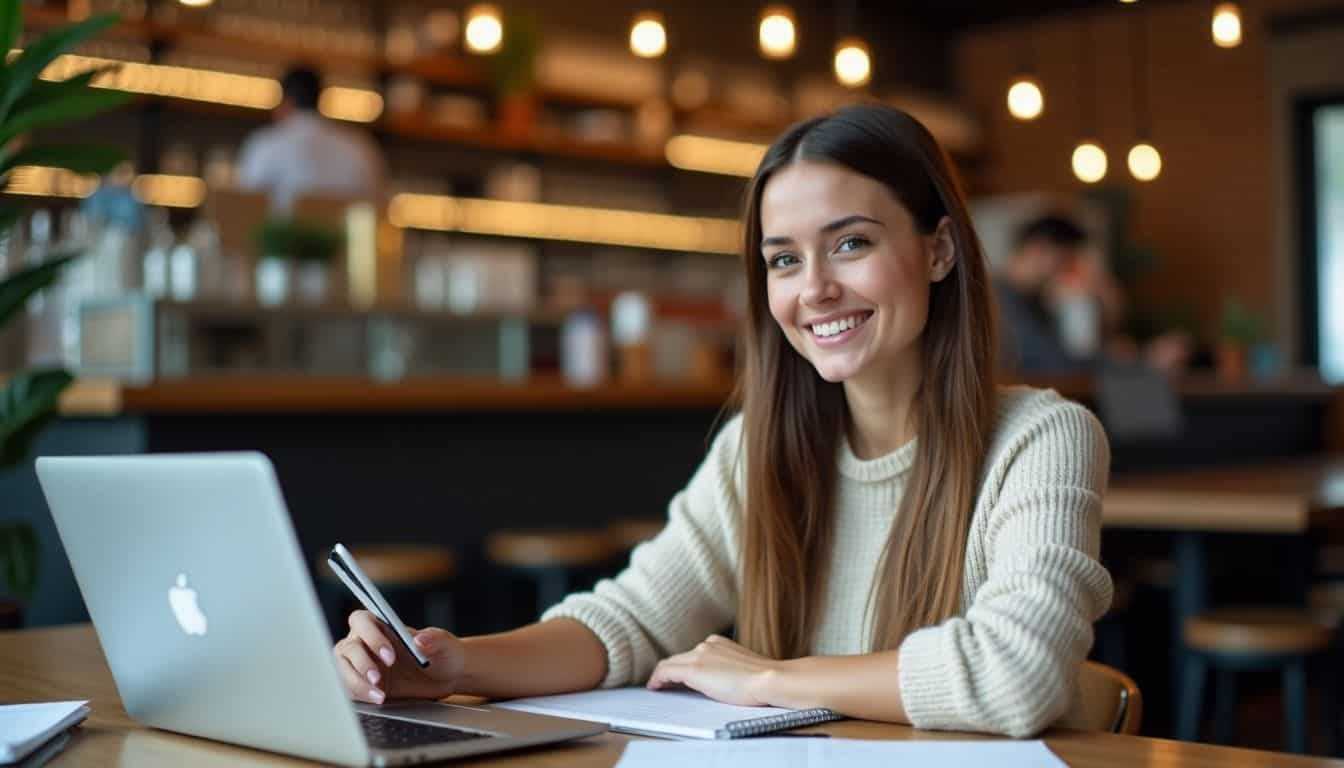 digital-marketing-trends-folsom-ca female professional marketer sitting at cafe working on digital marketing trends Folsom CA