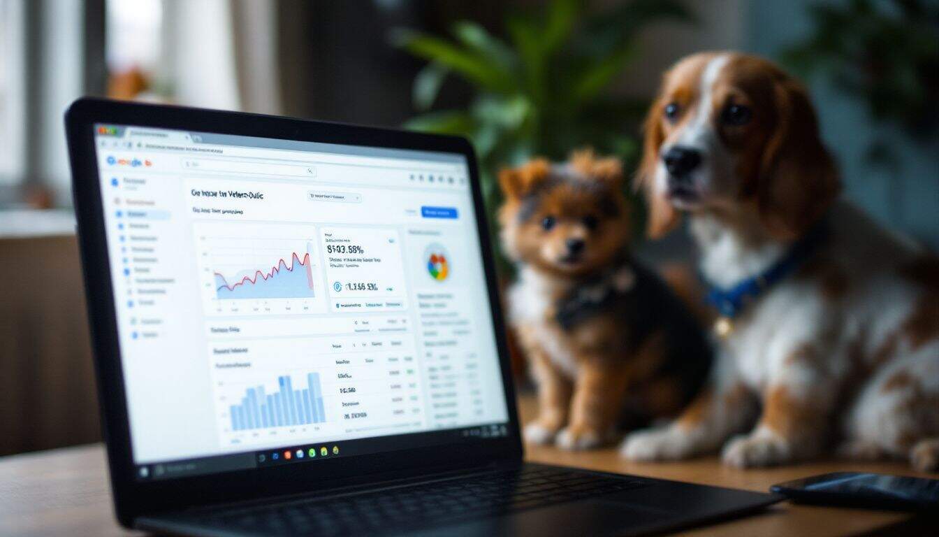 Maximizing the Potential of Google Ads for Veterinary Clinics and Animal Hospitals 2 Small dogs on a a desk while a DVM looks at the google ads stats for their veterinary clinic and animal hospital