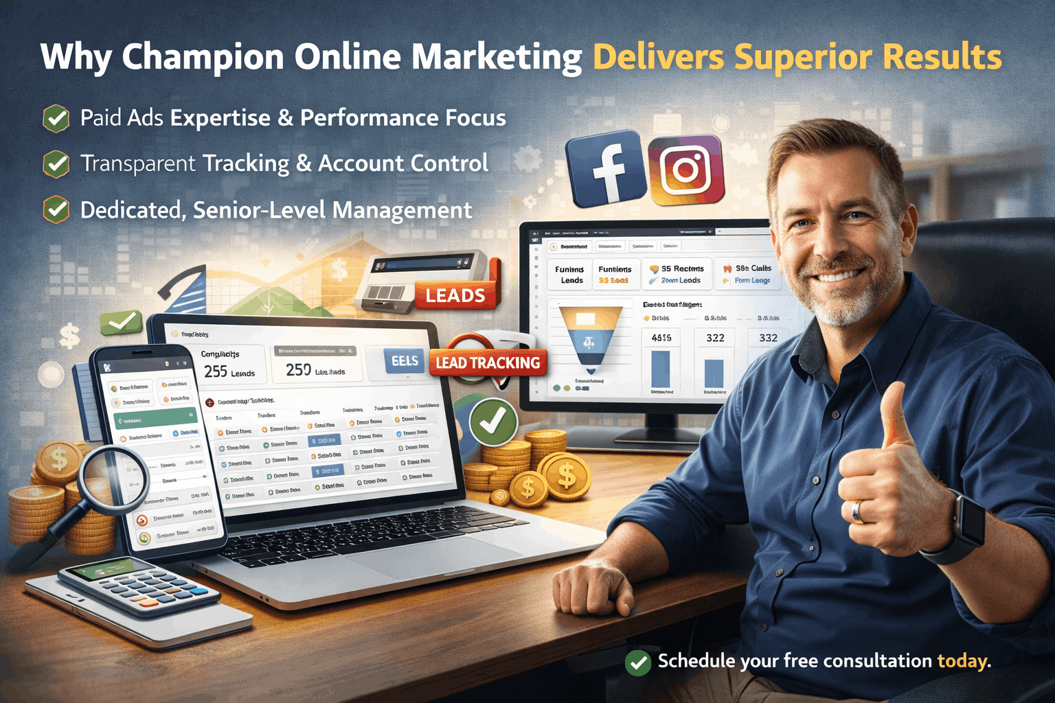 champion-online-marketing-paid-social-ads-results-lead-tracking Champion Online Marketing paid social ads management showing lead tracking, conversion data, and measurable campaign results